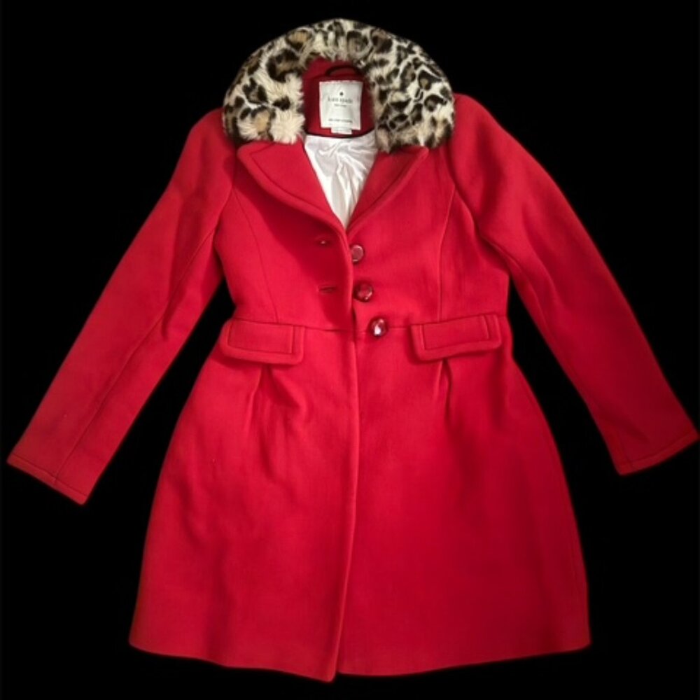 Gorgeous Kate Spade Red Wool Coat Faux Leopard Fur Collar Size 0 !!!